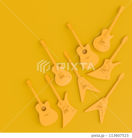 Set of electric acoustic guitars isolated on monochrome background. 113607523