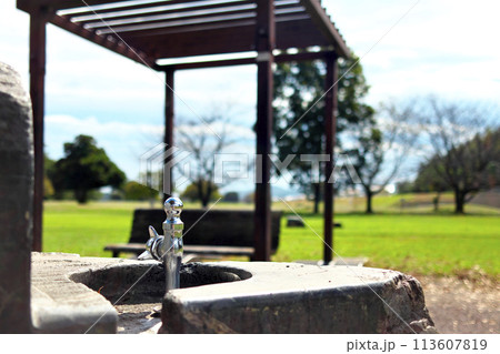 晴れた人気のない緑の公園の水飲み用蛇口 晴れた人気のない緑の公園の水飲み用蛇口 113607819