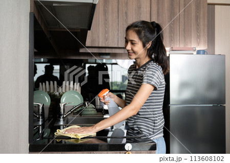 Young housewife cleaning cleans ceramic stove with spray bottle and microfiber cloth 113608102