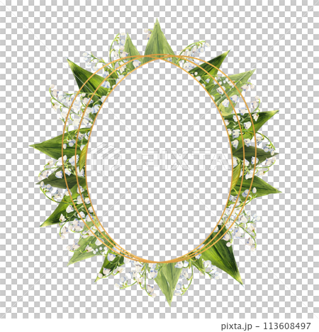Wreath of spring flowers of lilies of the valley. Hand-drawn watercolor oval frame. Watercolor illustration 113608497