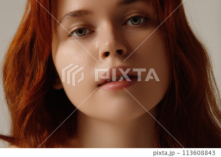 Portrait of beautiful natural redhead girl smiling Portrait of beautiful natural redhead girl smiling 113608843