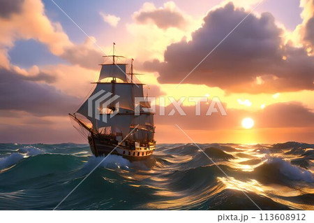 夕日を浴びて海に浮かぶ帆船のイラスト素材 [113608912] - PIXTA