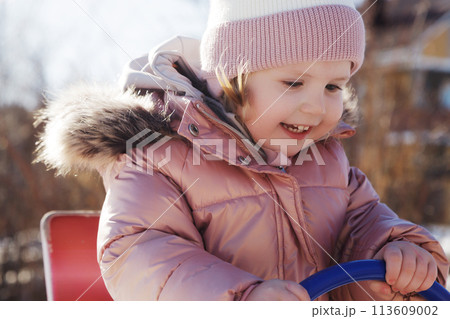 Beauty child . happy child on a swing on a sunny 113609002