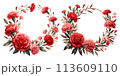 赤いカーネーションの丸いリースの水彩イラストの素材セット 113609110