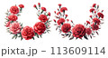 赤いカーネーションの丸いリースの水彩イラストの素材セット 113609114