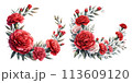 赤いカーネーションの丸いリースの水彩イラストの素材セット 113609120