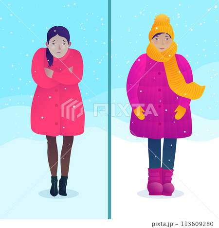 Avoiding hypothermia and frostbite concept with dressed differently women. Freezing young girl coldly dressed in red coat. Warmly dressed woman in winter coat, hat and scarf vector illustration. 113609280