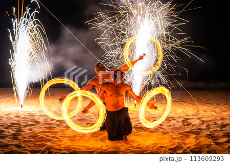 Fire show in Khao Lak beach in Phang Nga, Thailand 113609293
