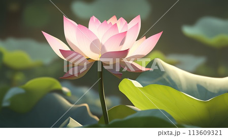 Lotus flower stands tall amidst a serene pond setting, rendered in a stylized, digital artwork 113609321