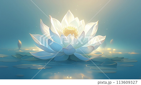 Glowing lotus flower on a calm water surface, illuminated with a soft light in a tranquil, digital illustration Glowing lotus flower on a calm water surface, illuminated with a soft light in a tranquil, digital illustration 113609327