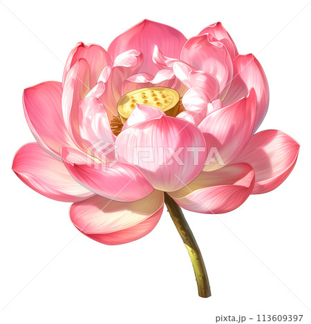 Pink lotus flower with a golden center, showing depth and texture 113609397