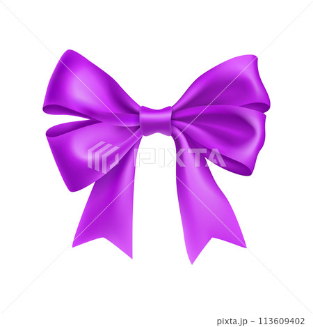 Romantic purple ribbon bow isolated on white background. Realistic decoration for holidays events. Glossy decor object from satin vector illustration. Christmas or birthday decoration element. 113609402
