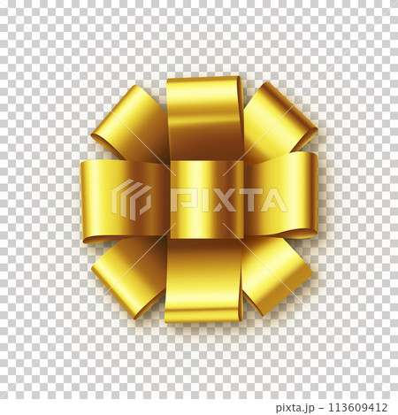 Beautiful golden bow from satin tape isolated on transparent background. Realistic decoration for competition or achievement congratulation. Bright bow for diploma design vector illustration. Beautiful golden bow from satin tape isolated on transparent background. Realistic decoration for competition or achievement congratulation. Bright bow for diploma design vector illustration. 113609412