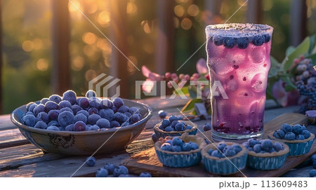 Blueberry Infused Summer Drink, Fresh Berries in Bowl and Tartlets, Summer Refreshment, AI Generated 113609483