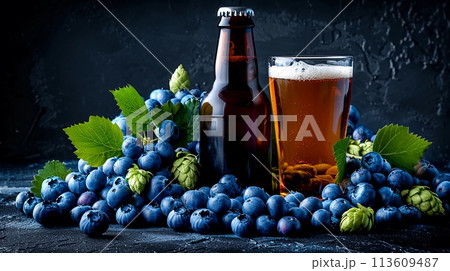 Bottle of blueberry beer on dark wooden surface, fresh blueberries and sprigs of hops. AI Generated 113609487