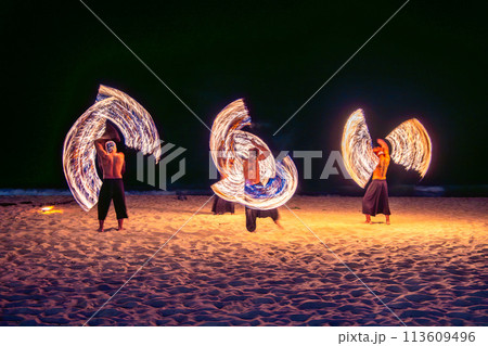 Fire show in Khao Lak beach in Phang Nga, Thailand 113609496
