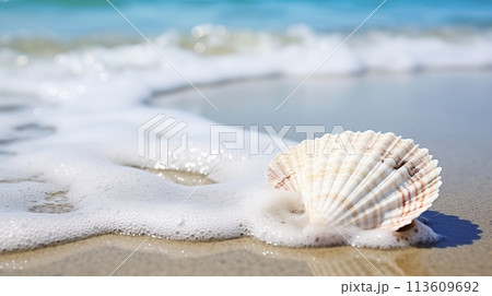 Seashell-speckled shore gleaming in the sunlight's embrace.AI Generated 113609692