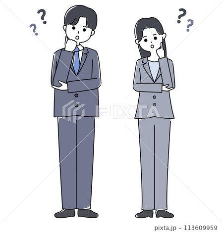 首を傾げるスーツ姿の男性と女性 113609959