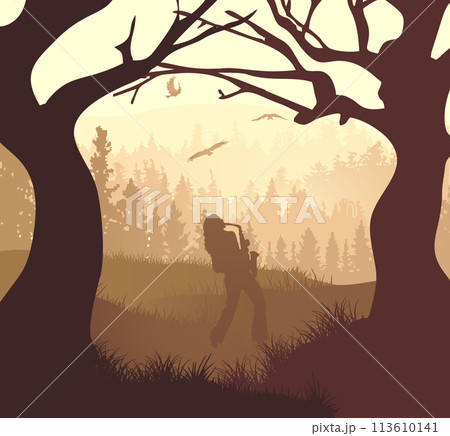 A girl plays the saxophone in the forest against the background of mountains 113610141