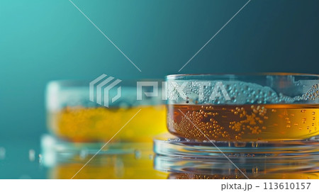 Petri Dishes With Bacterial Cultures, Close-Up View Of Microbiology Experiment. AI Generated 113610157