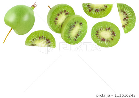 mini kiwi baby fruit or actinidia arguta isolated on white background. Top view with copy space for your text. Flat lay mini kiwi baby fruit or actinidia arguta isolated on white background. Top view with copy space for your text. Flat lay 113610245