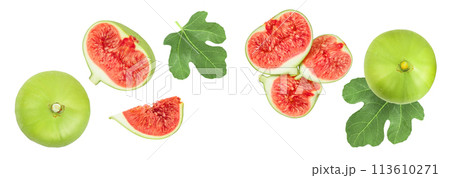 Ripe green fig fruit isolated on white background with full depth of field. Top view. Flat lay. Ripe green fig fruit isolated on white background with full depth of field. Top view. Flat lay. 113610271