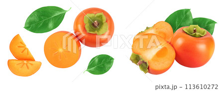 Persimmon fruit isolated on white background with full depth of field. Top view. Flat lay Persimmon fruit isolated on white background with full depth of field. Top view. Flat lay 113610272