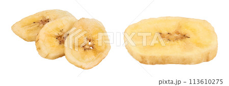 Dried banana chips isolated on white background with full depth of field 113610275