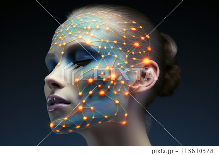Molecular abstraction of multicolored balls around head of young charming woman Molecular abstraction of multicolored balls around head of young charming woman 113610328