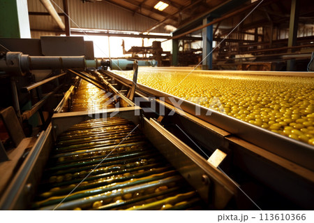 Green large delicious olives are moved in conveys. Generated by AI. 113610366