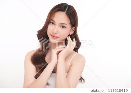 Beautiful young asian woman with clean fresh skin on white background, Face care, Facial treatment, Cosmetology, beauty and spa, Asian women portrait. 113610419