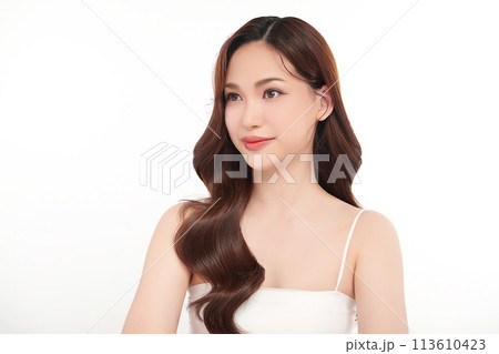Beautiful young asian woman with clean fresh skin on white background, Face care, Facial treatment, Cosmetology, beauty and spa, Asian women portrait. 113610423