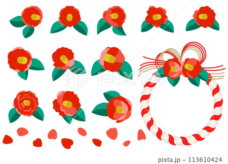 赤い椿の花としめ飾りのカラーイラスト 113610424
