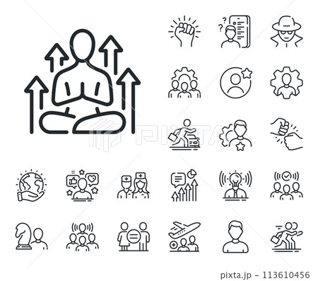 Meditation pose sign. Specialist, doctor and job competition outline icons. Yoga line icon. Relax body and mind symbol. Yoga line sign. Avatar placeholder, spy headshot icon. Strike leader. Vector Meditation pose sign. Specialist, doctor and job competition outline icons. Yoga line icon. Relax body and mind symbol. Yoga line sign. Avatar placeholder, spy headshot icon. Strike leader. Vector 113610456