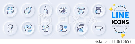 Americano, Glass and Food delivery line icons for web app. Pack of Food order, Ice cream, Tea pictogram icons. Salad, Popcorn, Pumpkin seed signs. Alcohol free, Dishes, World water. Vector 113610653