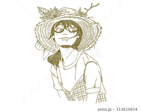 麦わら帽子を被った女の子の線画イラスト 113610654