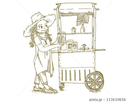 カートと麦わら帽子の女の子の線画イラスト カートと麦わら帽子の女の子の線画イラスト 113610656