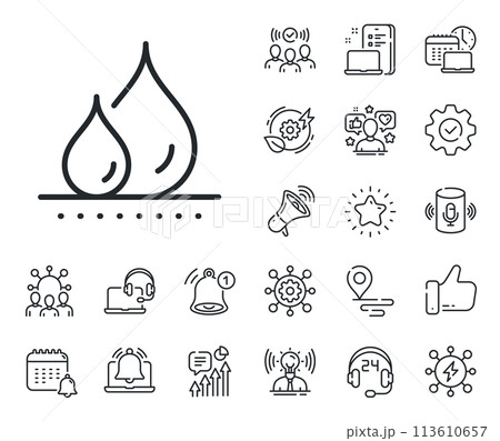 Water resistant sign. Place location, technology and smart speaker outline icons. Waterproof line icon. Drop protection symbol. Waterproof line sign. Influencer, brand ambassador icon. Vector 113610657