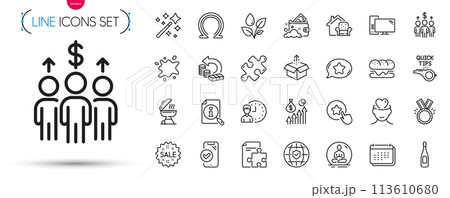 Pack of Strategy, Global insurance and Burger line icons. Include Search, Mental health, Send box pictogram icons. Computer, Magic wand, Sale signs. Dirty spot, Plants watering, Calendar. Vector 113610680