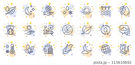 Outline set of Moon, Bio shopping and Night weather line icons for web app. Include Corn, Weather, Insomnia pictogram icons. Plants watering, Mint leaves, Leaf dew signs. Sunset, Lounger. Vector Outline set of Moon, Bio shopping and Night weather line icons for web app. Include Corn, Weather, Insomnia pictogram icons. Plants watering, Mint leaves, Leaf dew signs. Sunset, Lounger. Vector 113610692