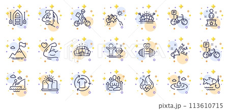 Outline set of Delivery bike, Dumbbell and Boat line icons for web app. Include Success, Arena stadium, Strong arm pictogram icons. Bicycle parking, Boat fishing, Yoga signs. Bike. Vector Outline set of Delivery bike, Dumbbell and Boat line icons for web app. Include Success, Arena stadium, Strong arm pictogram icons. Bicycle parking, Boat fishing, Yoga signs. Bike. Vector 113610715