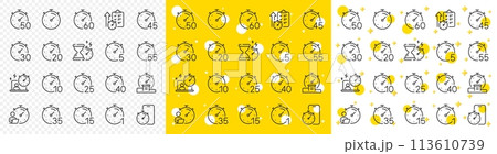 Hourglass, clock time and stopwatch. Timer line icons. Alarm countdown, sport measurement tool and 1 hour line icons. 10 minutes timer, time report, cook clock. Fast service, 60 seconds. Vector 113610739