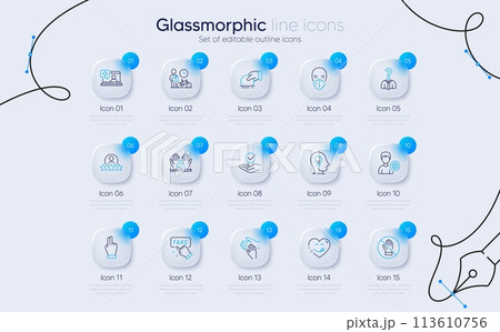 Set of Mental health, Click hand and Support line icons for web app. Medical help, Bike courier, Fake information icons. Corrupt, Approved, Volunteer signs. Medical mask, Yummy smile. Vector 113610756