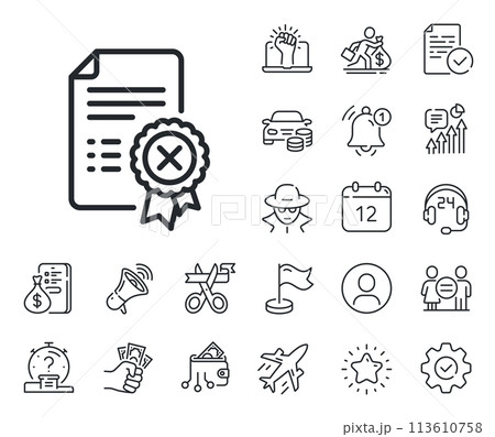 Decline document sign. Salaryman, gender equality and alert bell outline icons. Reject certificate line icon. Wrong file. Reject certificate line sign. Spy or profile placeholder icon. Vector 113610758
