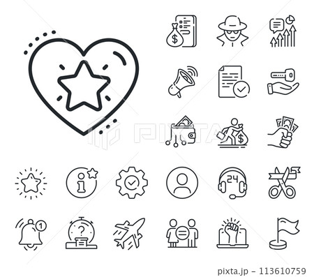 Love rating sign. Salaryman, gender equality and alert bell outline icons. Ranking star line icon. Best rank symbol. Ranking star line sign. Spy or profile placeholder icon. Vector 113610759