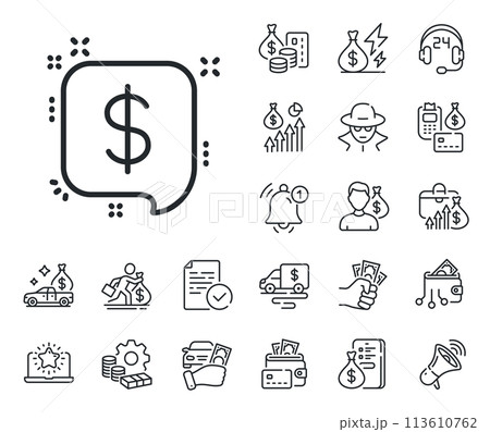 Dollar sign. Cash money, loan and mortgage outline icons. Payment received line icon. Finance symbol. Payment message line sign. Credit card, crypto wallet icon. Inflation, job salary. Vector Dollar sign. Cash money, loan and mortgage outline icons. Payment received line icon. Finance symbol. Payment message line sign. Credit card, crypto wallet icon. Inflation, job salary. Vector 113610762