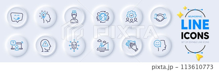 Boat fishing, Good mood and Teamwork line icons for web app. Pack of Mental health, Doctor, Handshake pictogram icons. Idea, Global business, Clapping hands signs. Online question. Vector 113610773
