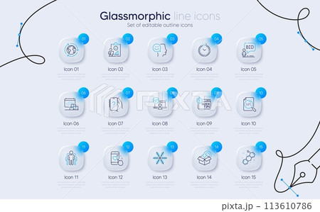 Set of Outsourcing, Snowflake and Inspect line icons for web app. Return package, Online access, Group icons. Chemical formula, Quick tips, Auction signs. Heart rating, Good mood. Vector 113610786