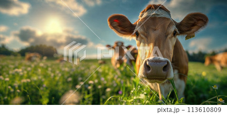 Cow in a flowering meadow. Cows in a pasture Cow in a flowering meadow. Cows in a pasture 113610809