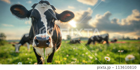Cow in a flowering meadow. Cows in a pasture Cow in a flowering meadow. Cows in a pasture 113610810